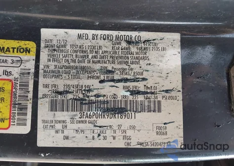 2013 Ford Fusion Se из США, поврежденный, VIN 3FA6P0HR9DR189011